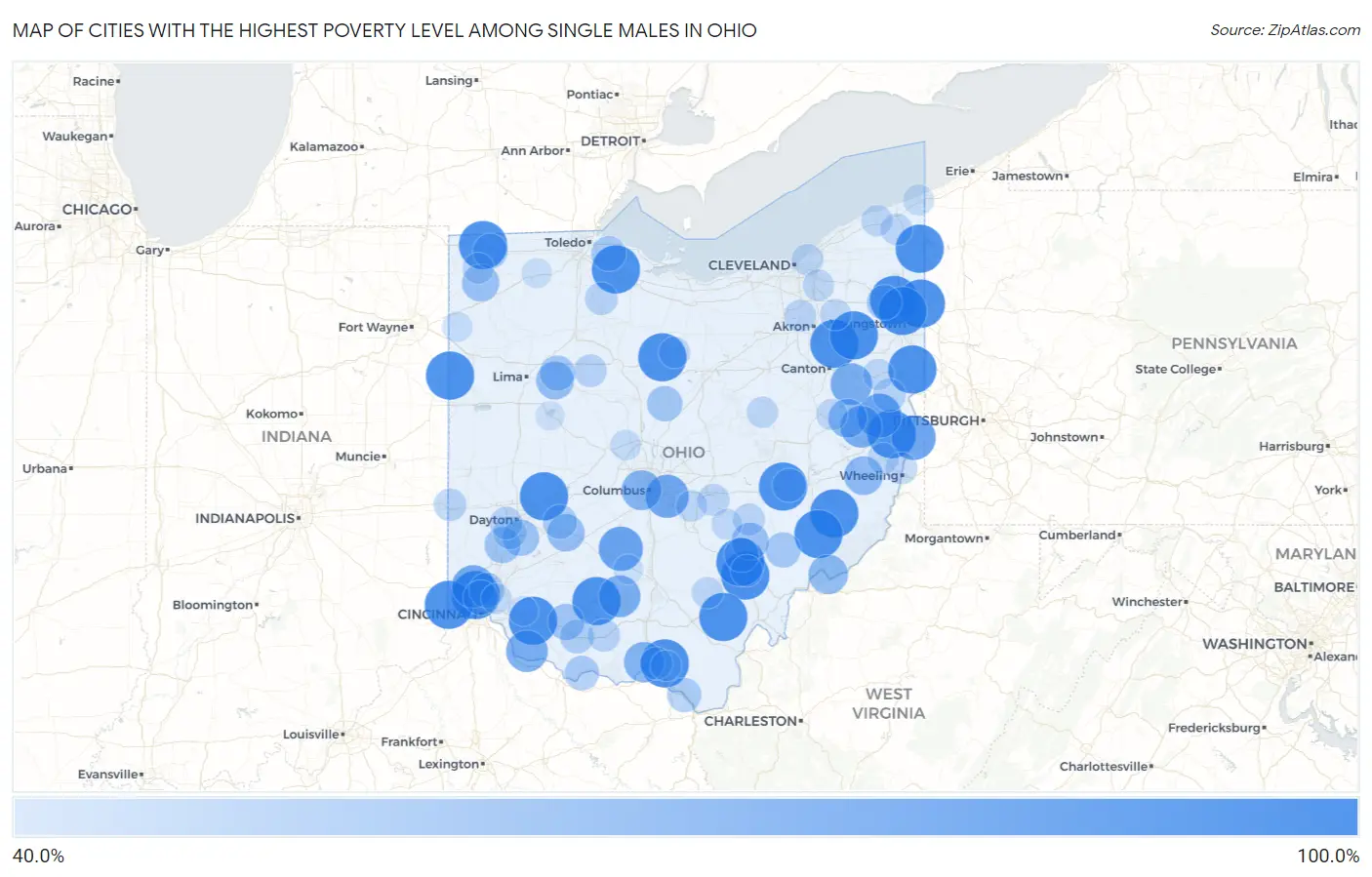 Cities with the Highest Poverty Level Among Single Males in Ohio Map