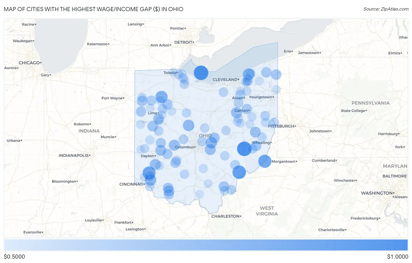 Cities with the Highest Wage/Income Gap ($) in Ohio Map