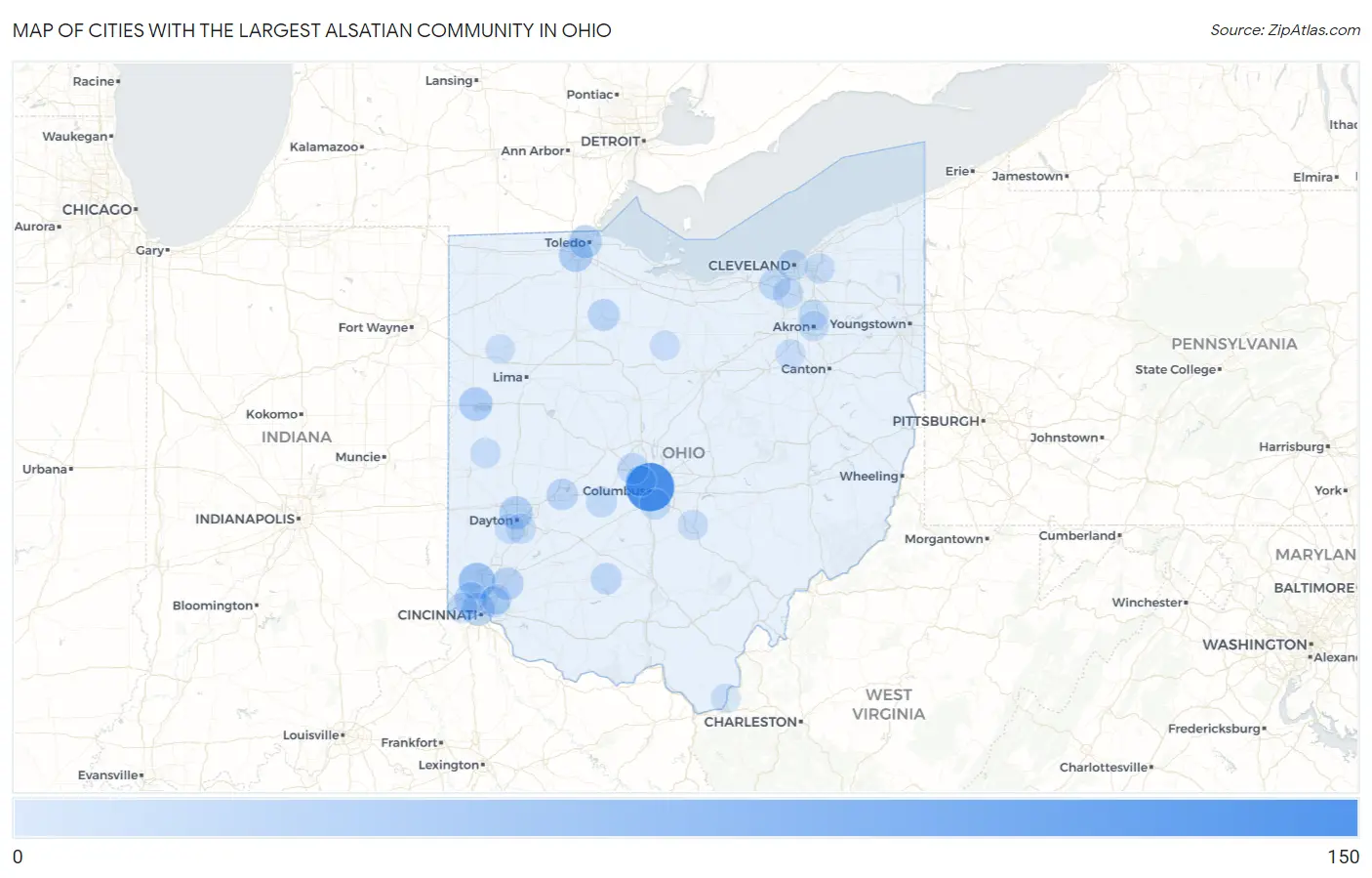 Cities with the Largest Alsatian Community in Ohio Map