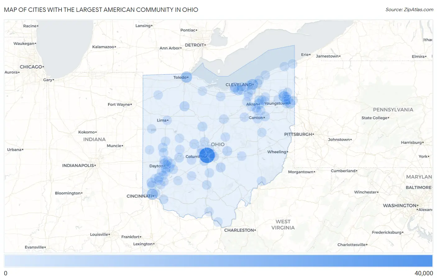Cities with the Largest American Community in Ohio Map