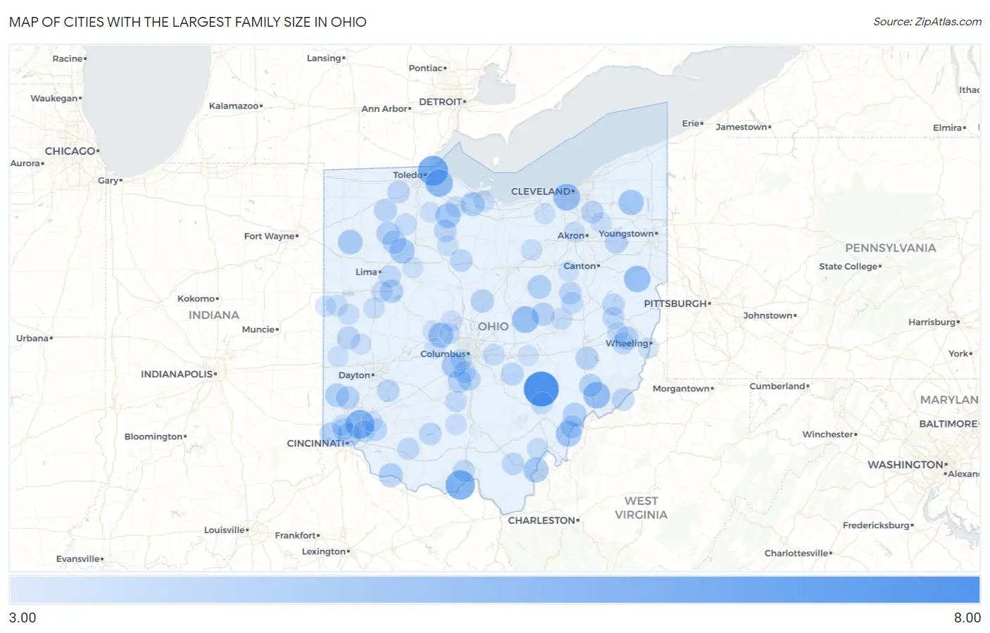 Cities with the Largest Family Size in Ohio Map