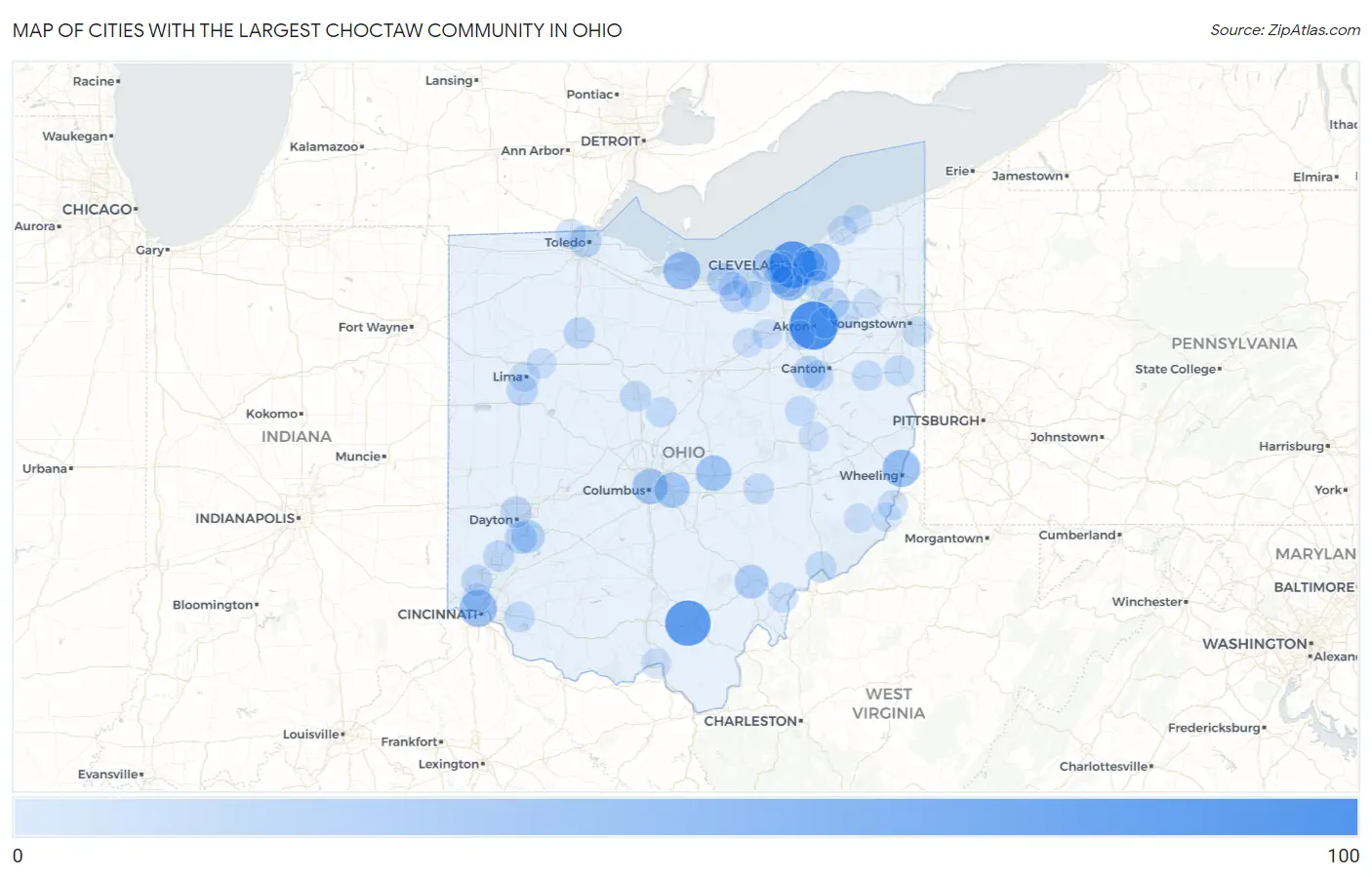 Cities with the Largest Choctaw Community in Ohio Map