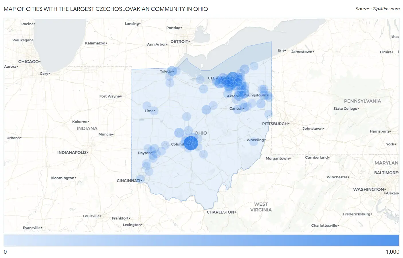 Cities with the Largest Czechoslovakian Community in Ohio Map