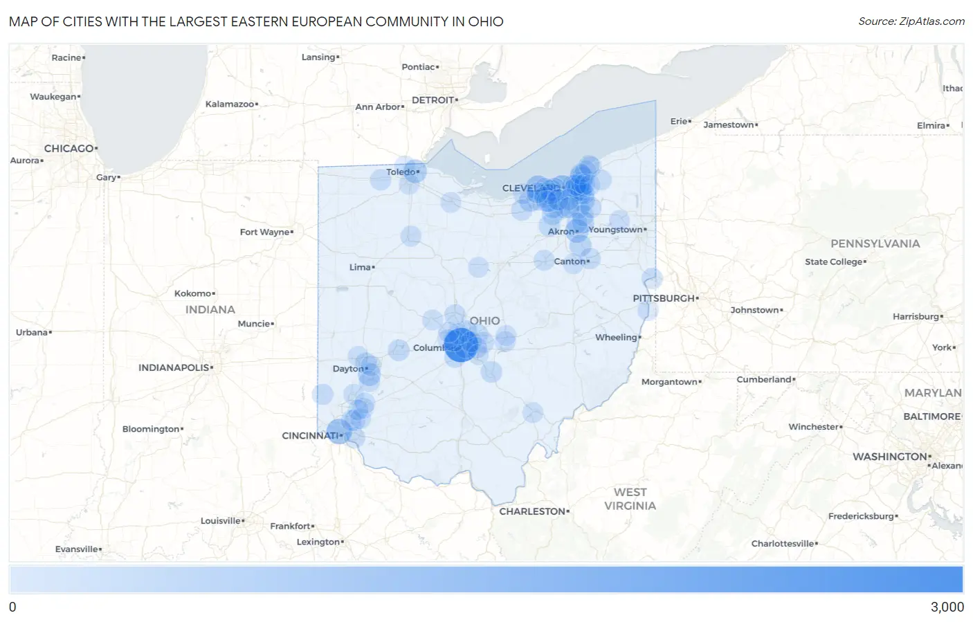 Cities with the Largest Eastern European Community in Ohio Map