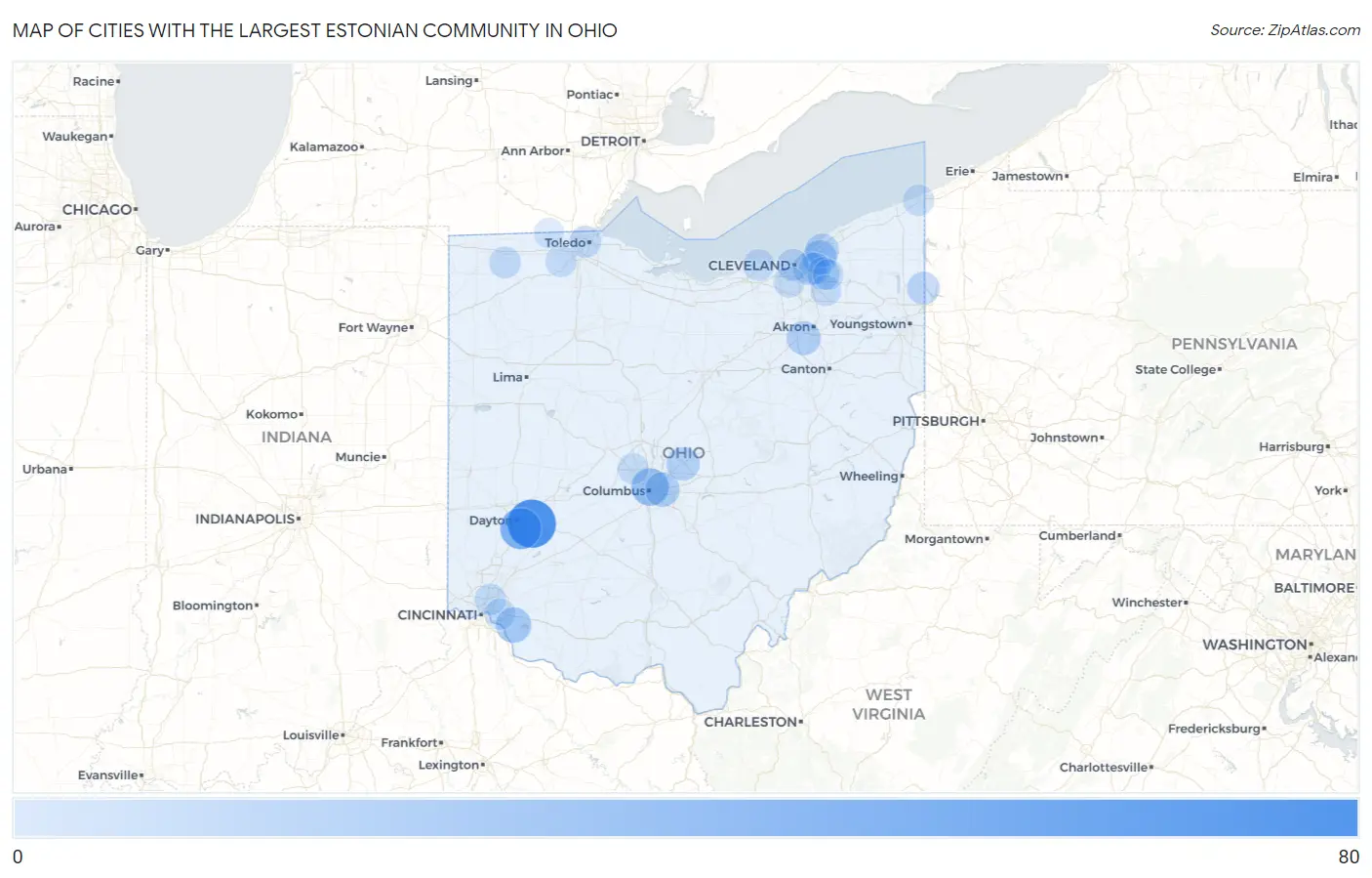 Cities with the Largest Estonian Community in Ohio Map