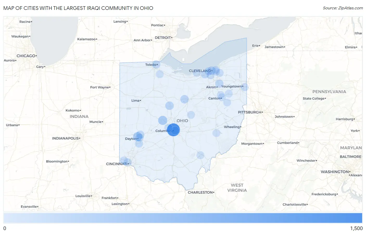 Cities with the Largest Iraqi Community in Ohio Map