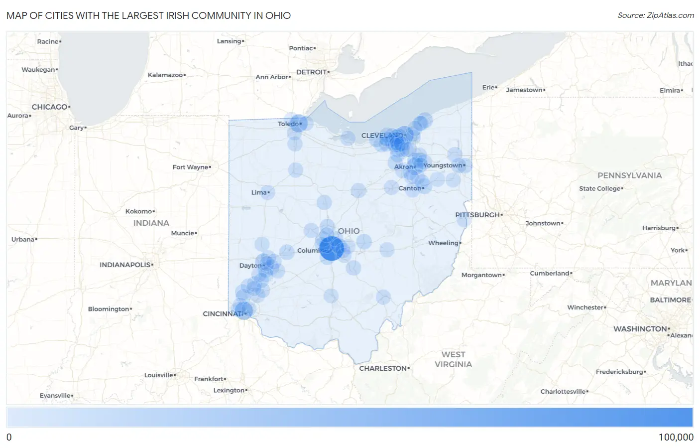 Cities with the Largest Irish Community in Ohio Map