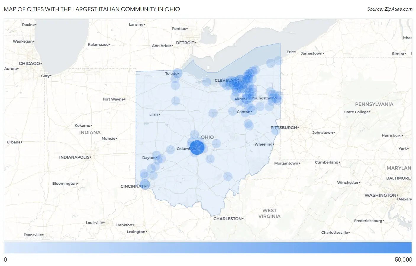 Cities with the Largest Italian Community in Ohio Map