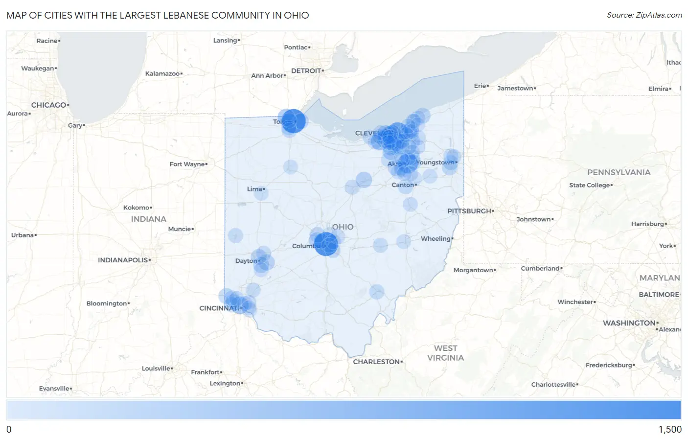 Cities with the Largest Lebanese Community in Ohio Map