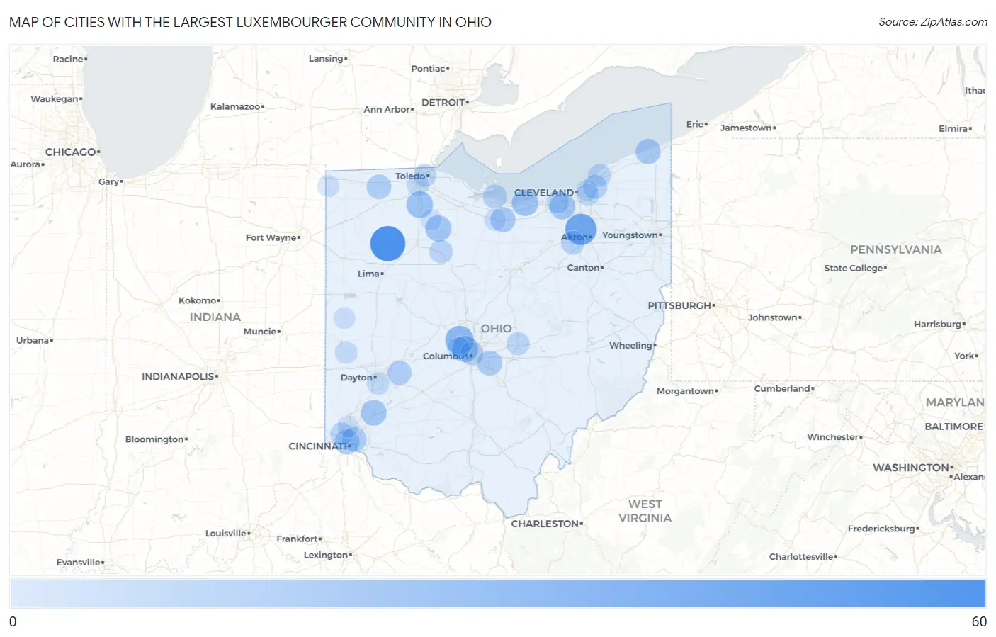 Cities with the Largest Luxembourger Community in Ohio Map