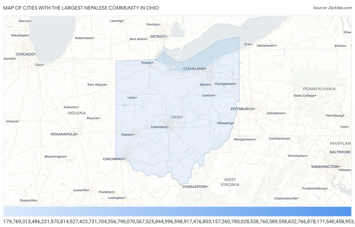 Cities with the Largest Nepalese Community in Ohio Map