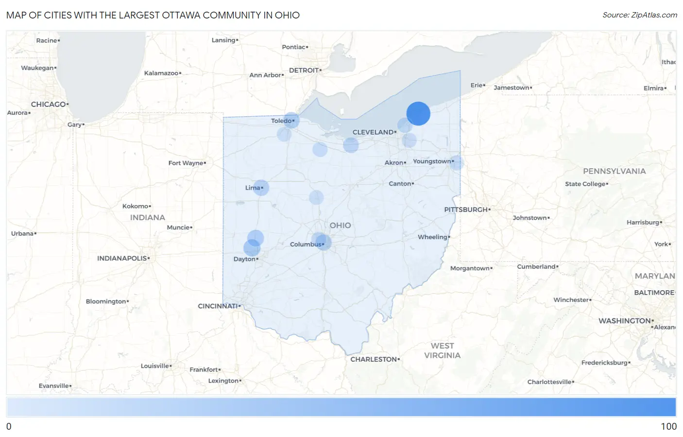 Cities with the Largest Ottawa Community in Ohio Map
