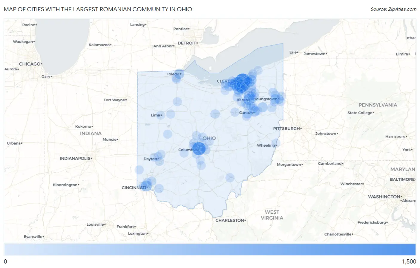 Cities with the Largest Romanian Community in Ohio Map