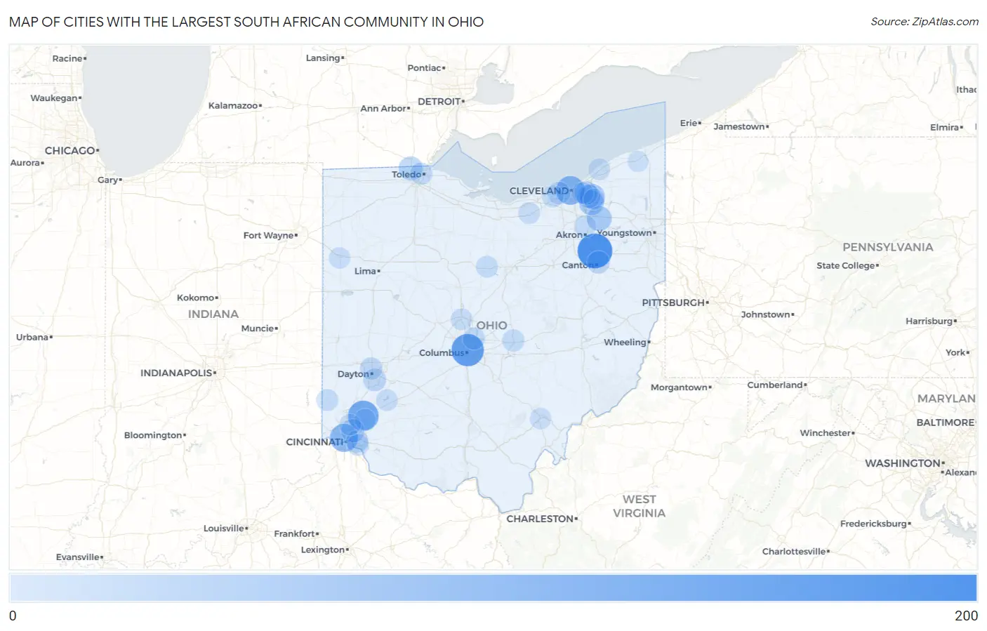 Cities with the Largest South African Community in Ohio Map