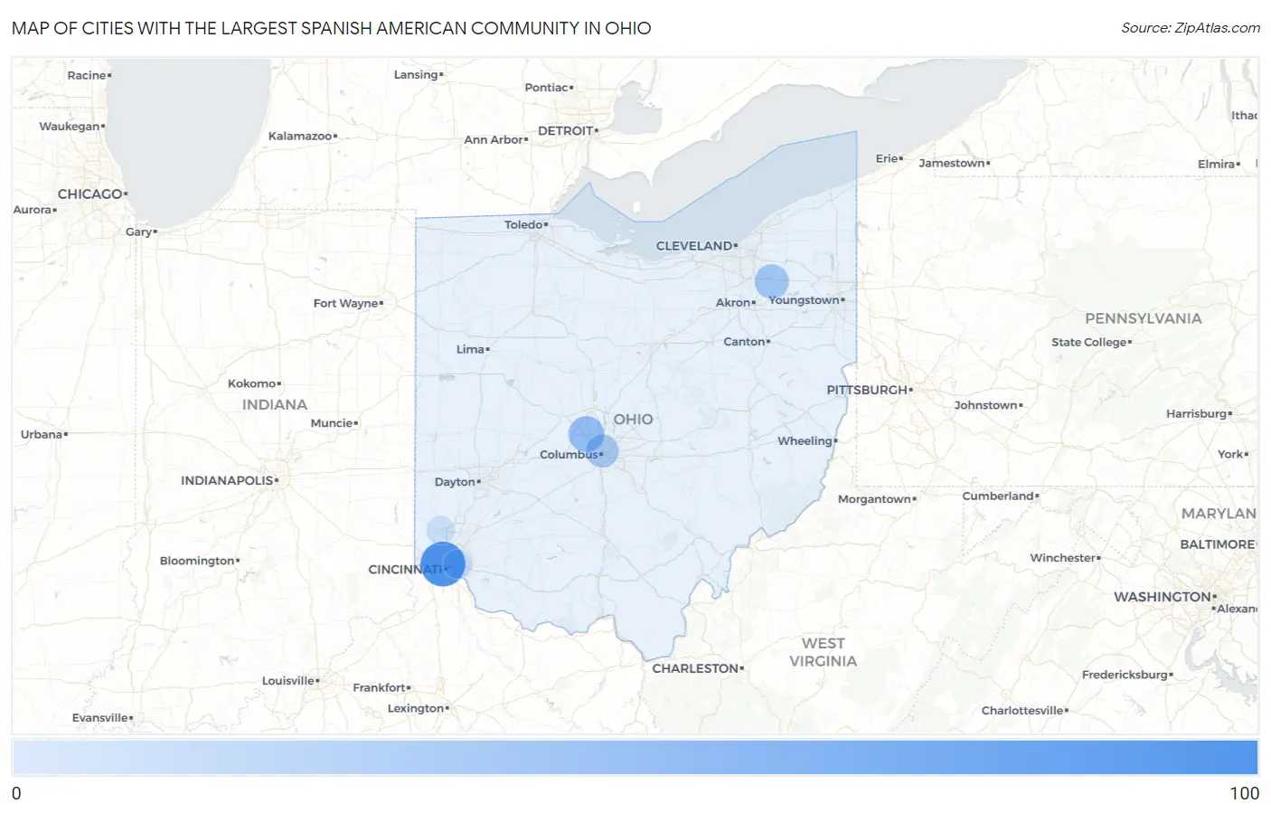 Cities with the Largest Spanish American Community in Ohio Map