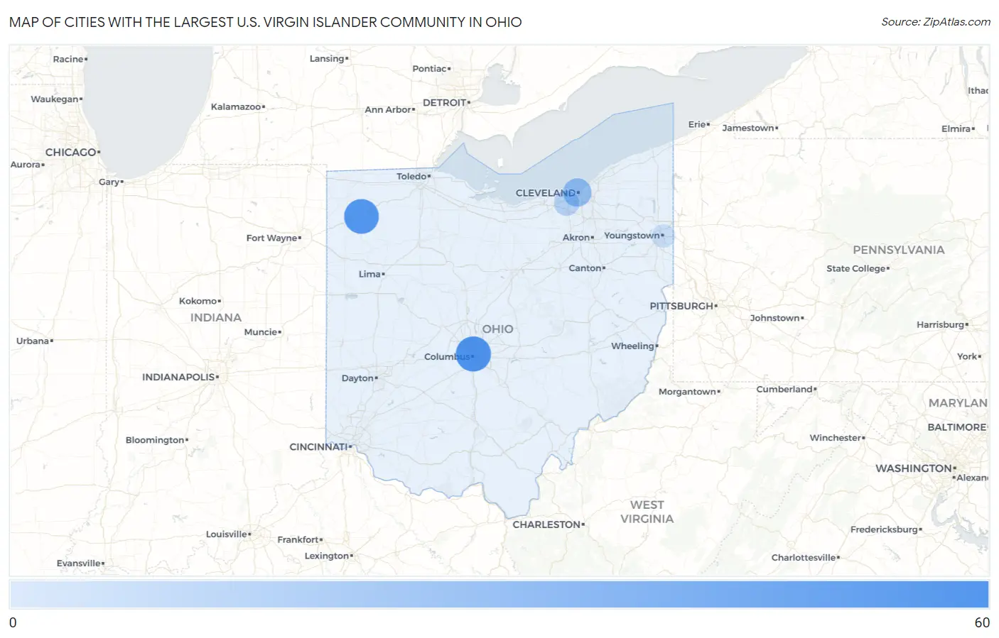 Cities with the Largest U.S. Virgin Islander Community in Ohio Map