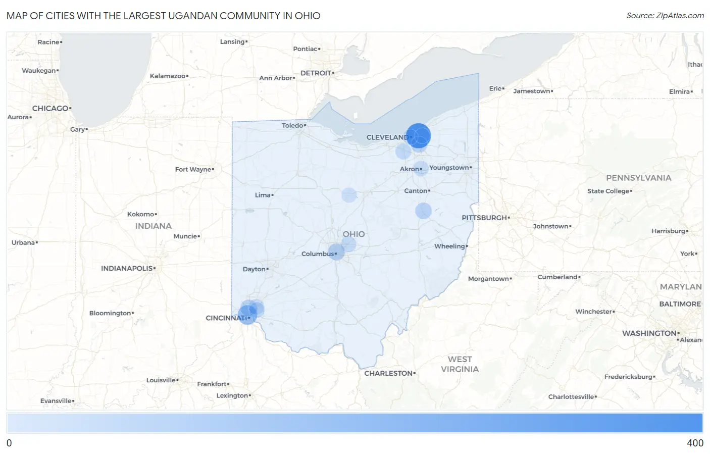 Cities with the Largest Ugandan Community in Ohio Map