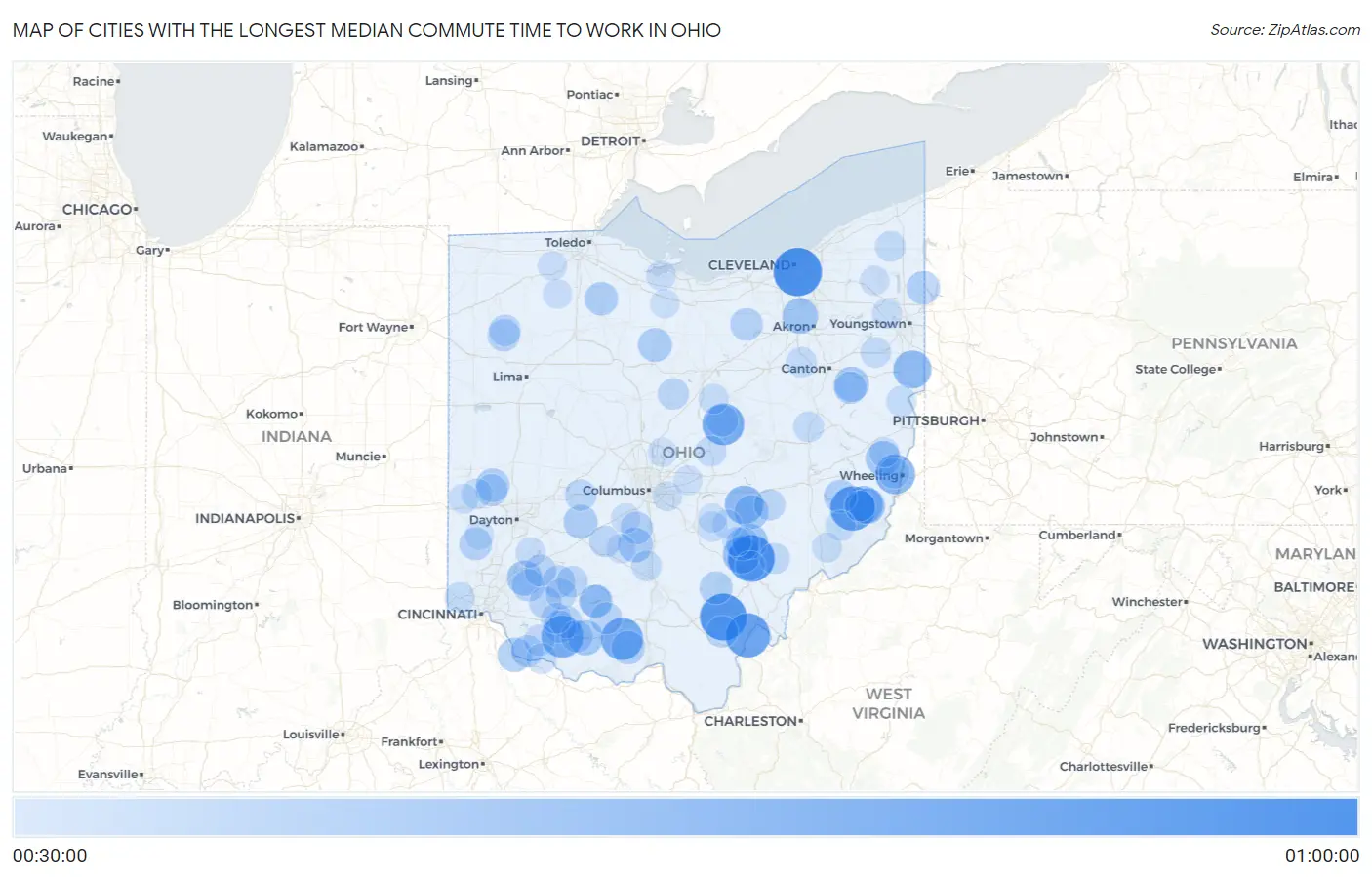 Cities with the Longest Median Commute Time to Work in Ohio Map