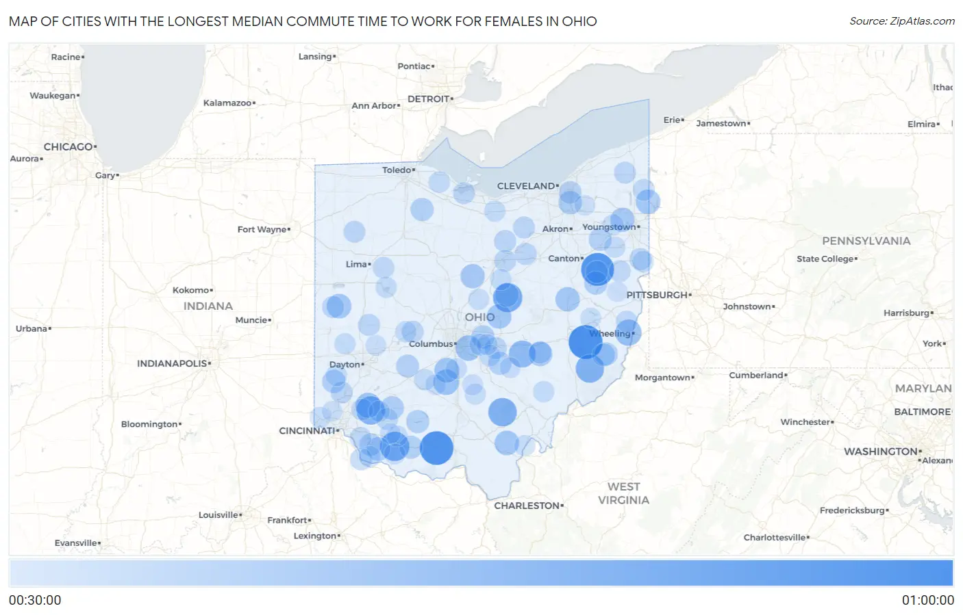 Cities with the Longest Median Commute Time to Work for Females in Ohio Map