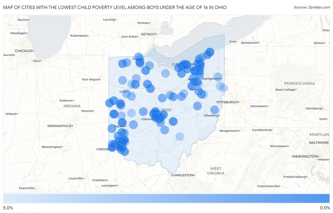Cities with the Lowest Child Poverty Level Among Boys Under the Age of 16 in Ohio Map