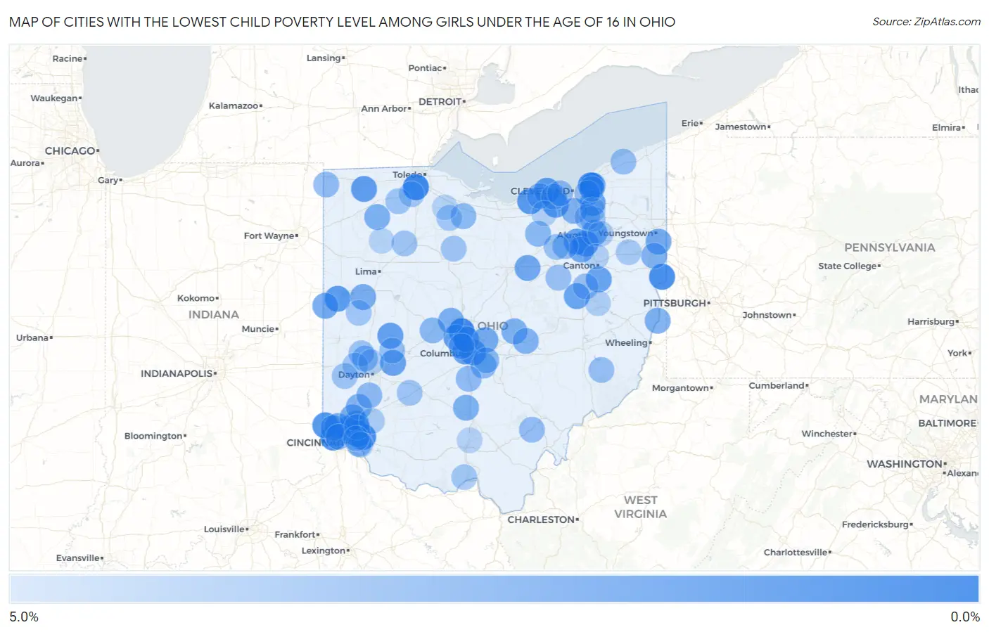 Cities with the Lowest Child Poverty Level Among Girls Under the Age of 16 in Ohio Map