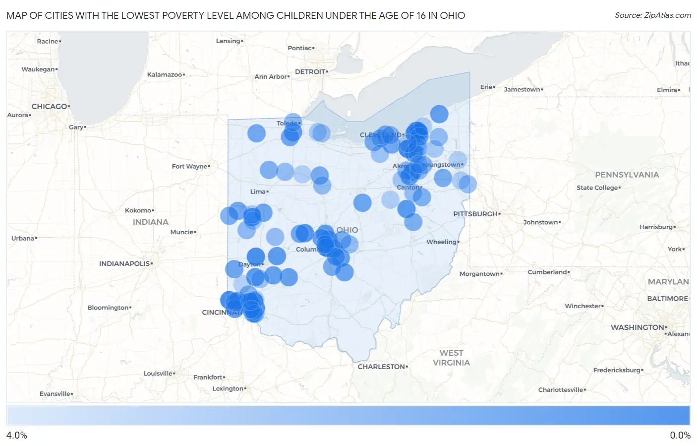 Cities with the Lowest Poverty Level Among Children Under the Age of 16 in Ohio Map