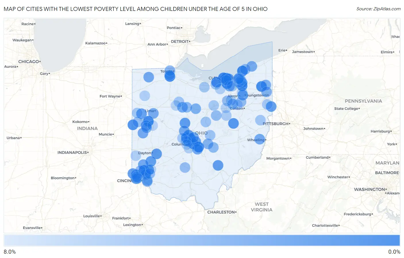 Cities with the Lowest Poverty Level Among Children Under the Age of 5 in Ohio Map