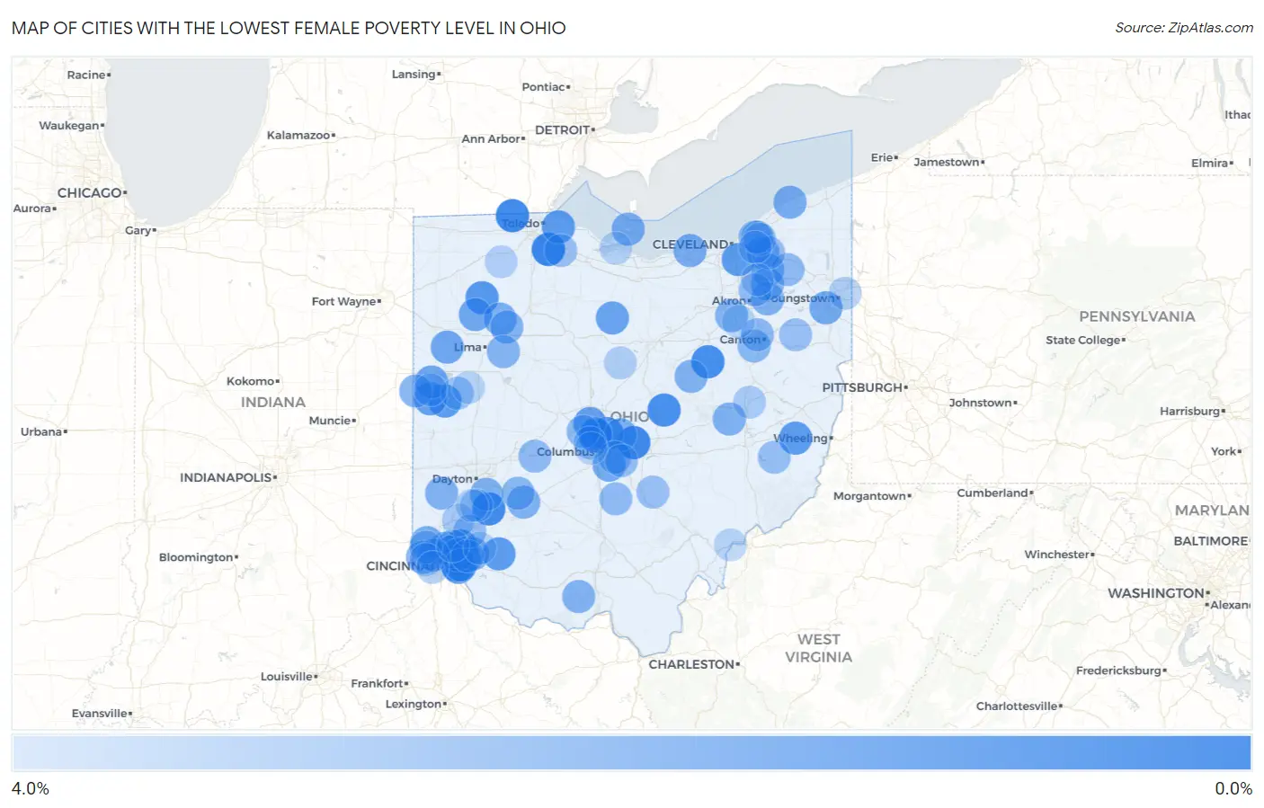 Cities with the Lowest Female Poverty Level in Ohio Map