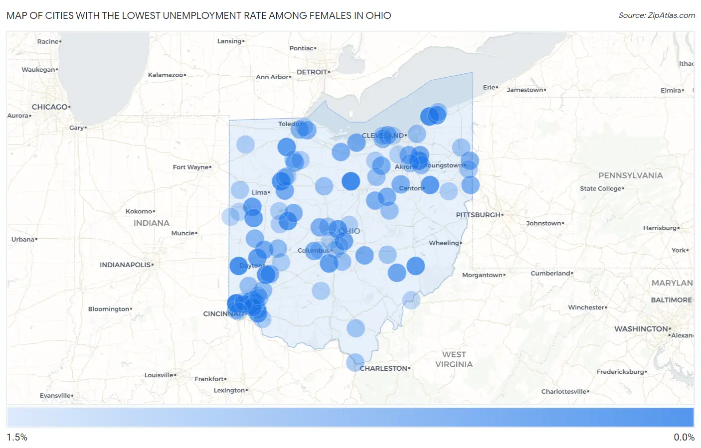 Cities with the Lowest Unemployment Rate Among Females in Ohio Map