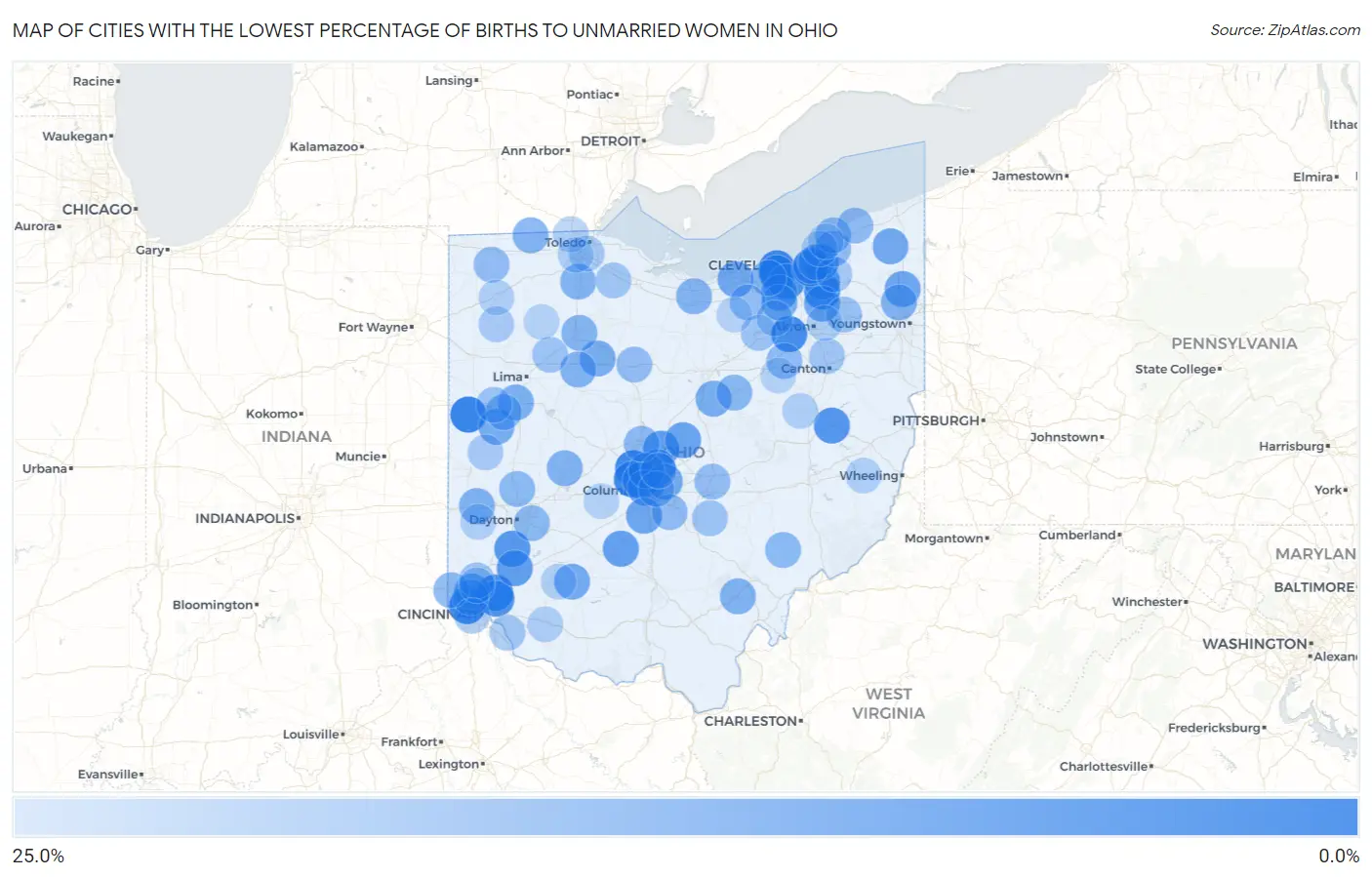Cities with the Lowest Percentage of Births to Unmarried Women in Ohio Map