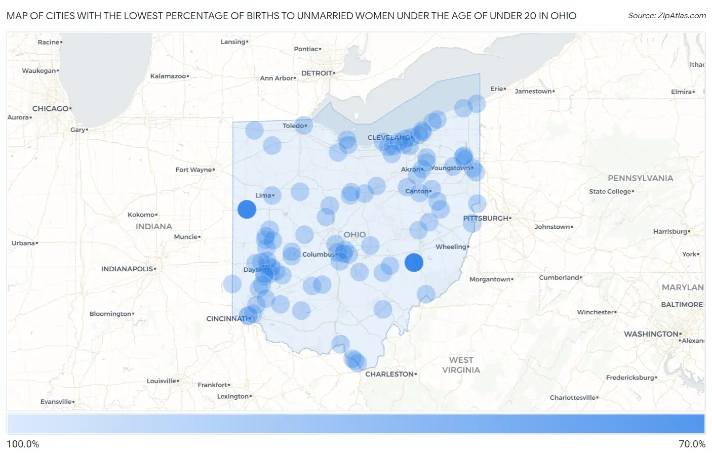 Cities with the Lowest Percentage of Births to Unmarried Women under the Age of under 20 in Ohio Map