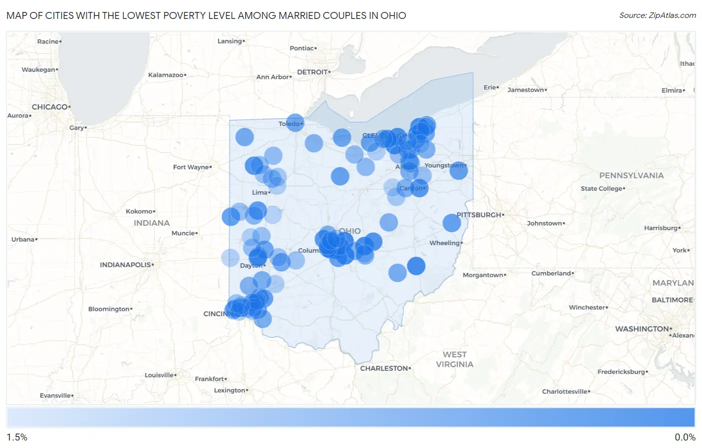 Cities with the Lowest Poverty Level Among Married Couples in Ohio Map