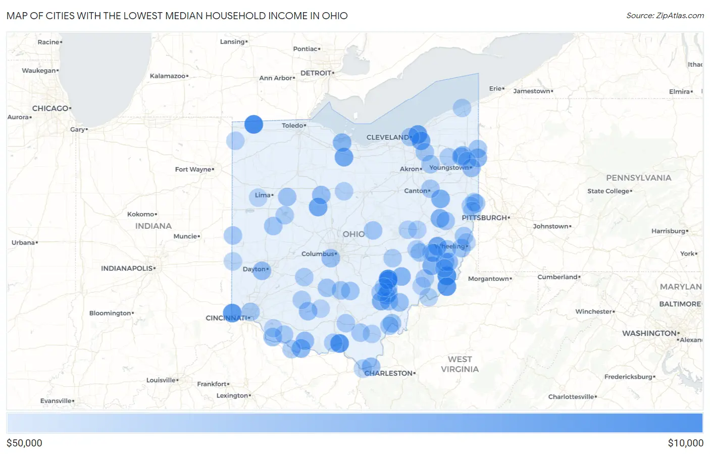 Cities with the Lowest Median Household Income in Ohio Map