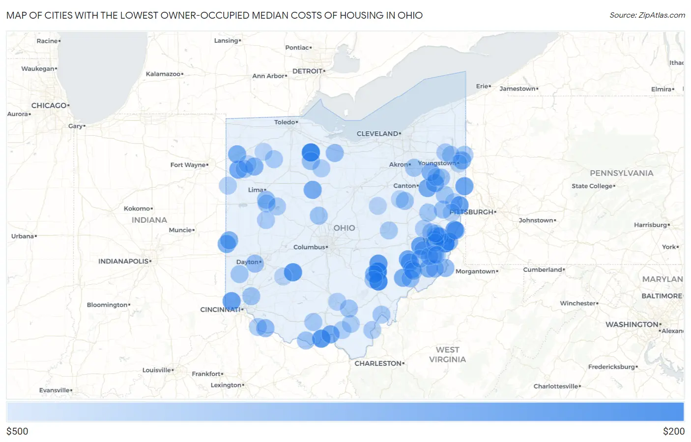 Cities with the Lowest Owner-Occupied Median Costs of Housing in Ohio Map