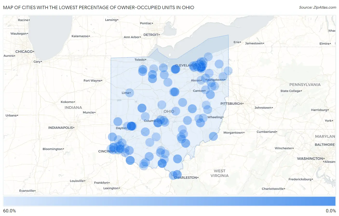Cities with the Lowest Percentage of Owner-Occupied Units in Ohio Map