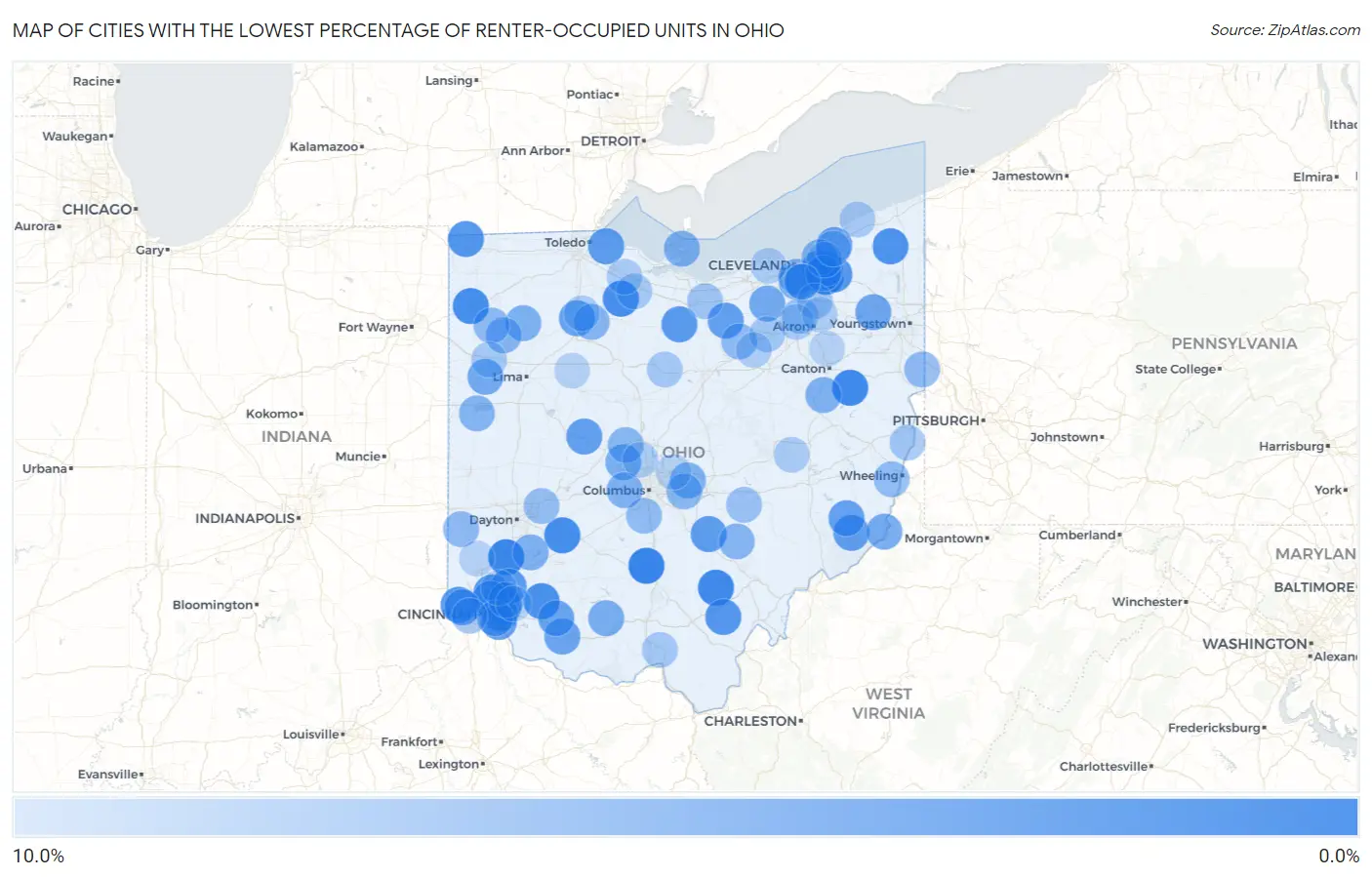 Cities with the Lowest Percentage of Renter-Occupied Units in Ohio Map