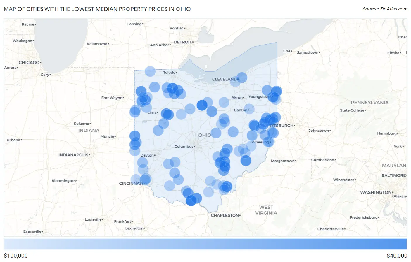 Cities with the Lowest Median Property Prices in Ohio Map