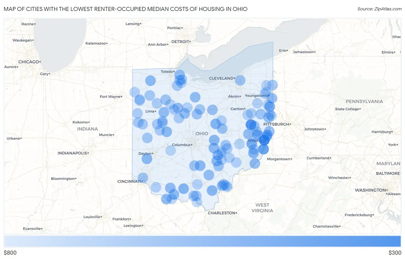 Cities with the Lowest Renter-Occupied Median Costs of Housing in Ohio Map