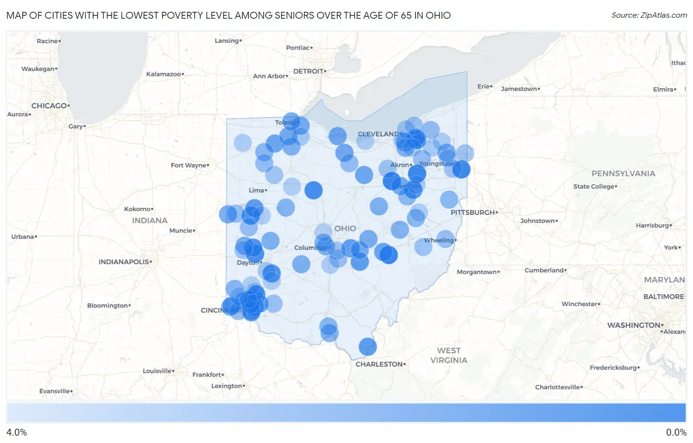 Cities with the Lowest Poverty Level Among Seniors Over the Age of 65 in Ohio Map