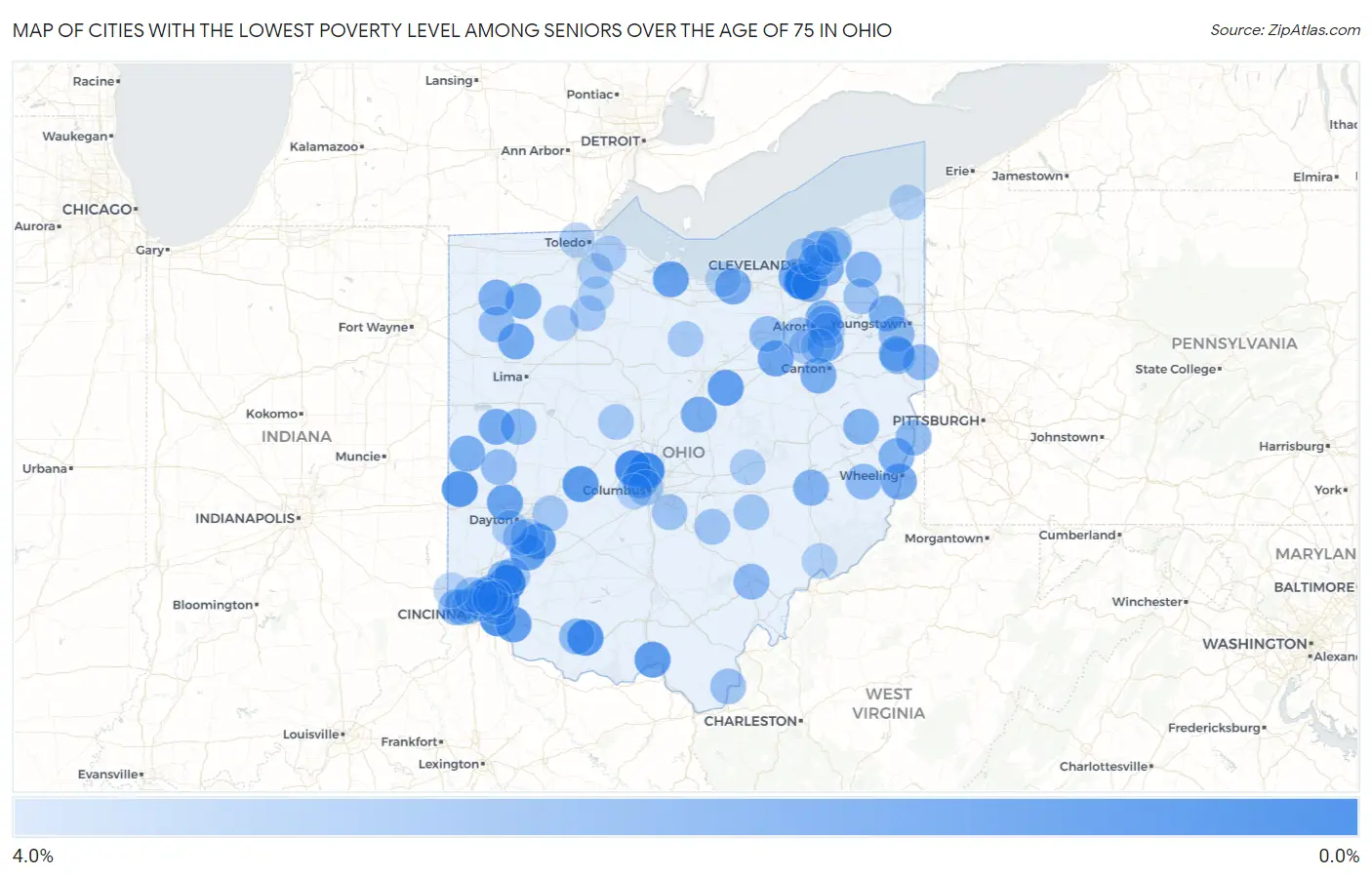 Cities with the Lowest Poverty Level Among Seniors Over the Age of 75 in Ohio Map
