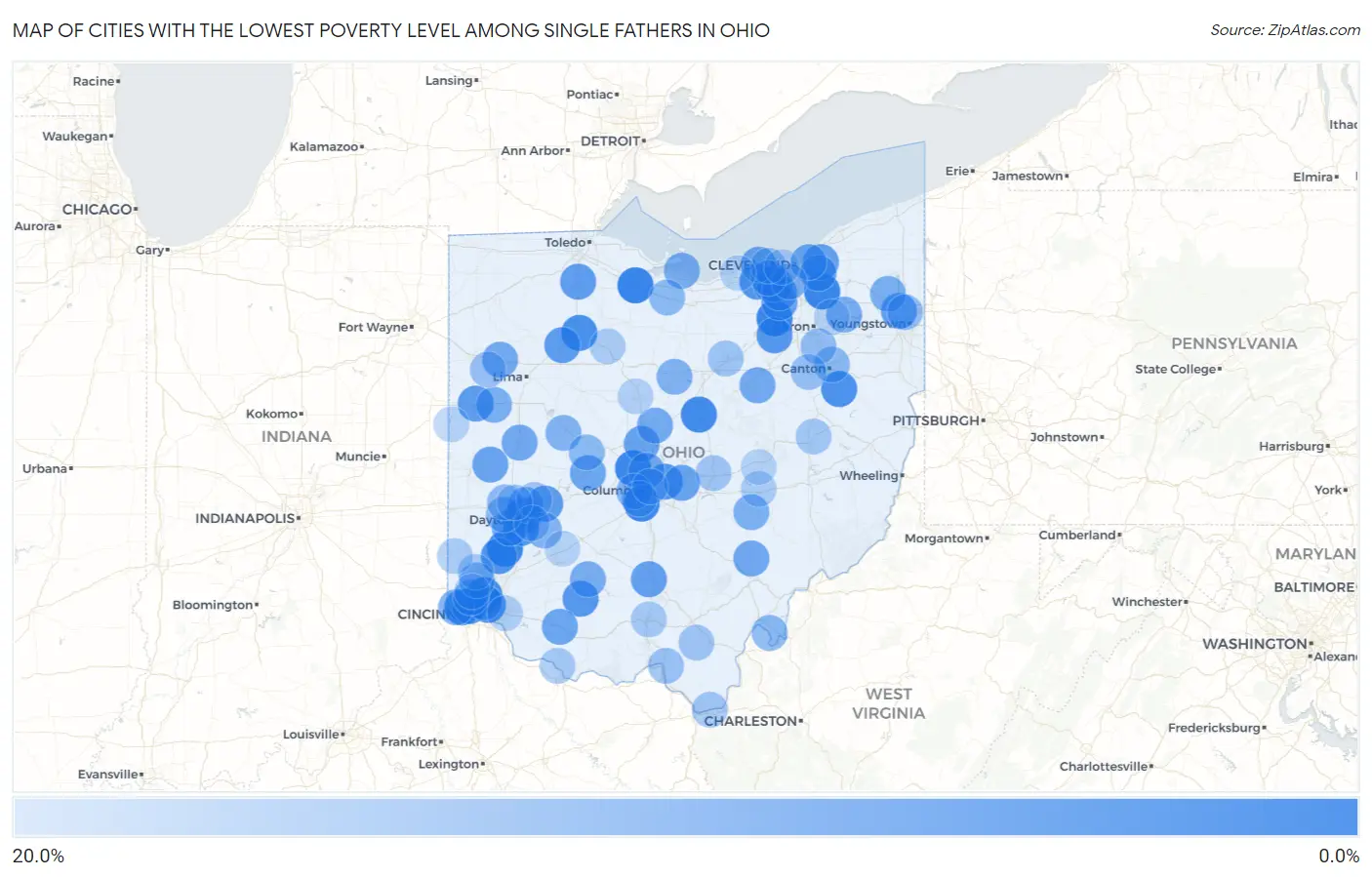 Cities with the Lowest Poverty Level Among Single Fathers in Ohio Map