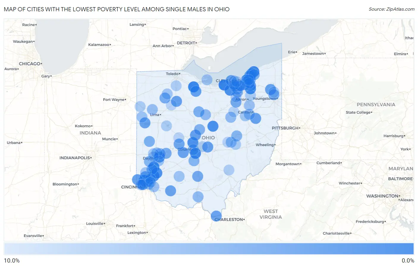Cities with the Lowest Poverty Level Among Single Males in Ohio Map
