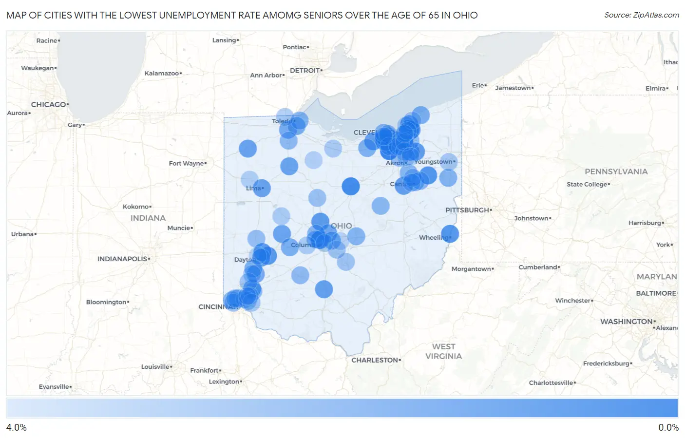 Cities with the Lowest Unemployment Rate Amomg Seniors Over the Age of 65 in Ohio Map