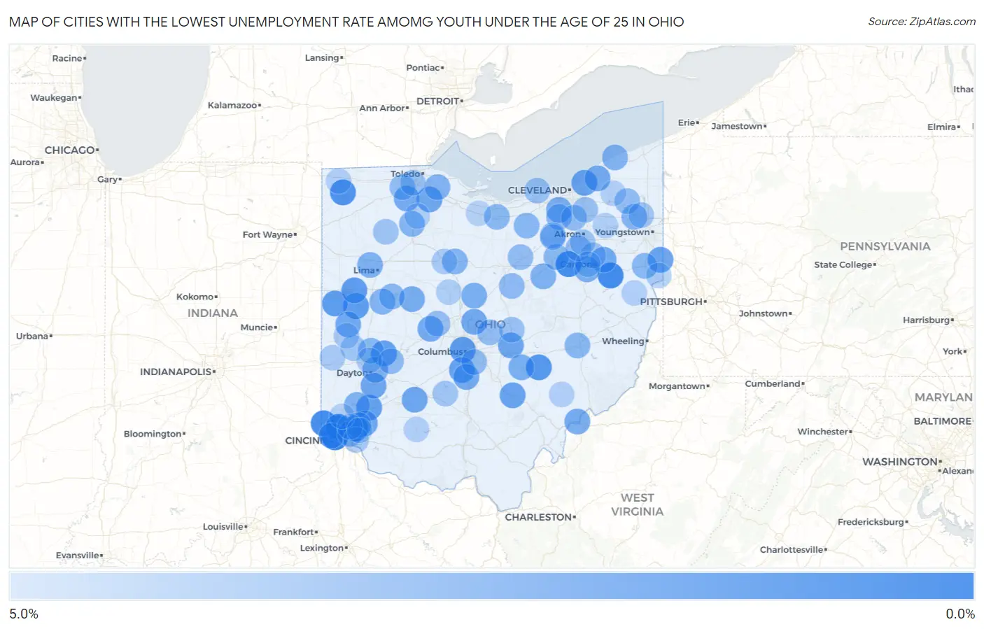 Cities with the Lowest Unemployment Rate Amomg Youth Under the Age of 25 in Ohio Map