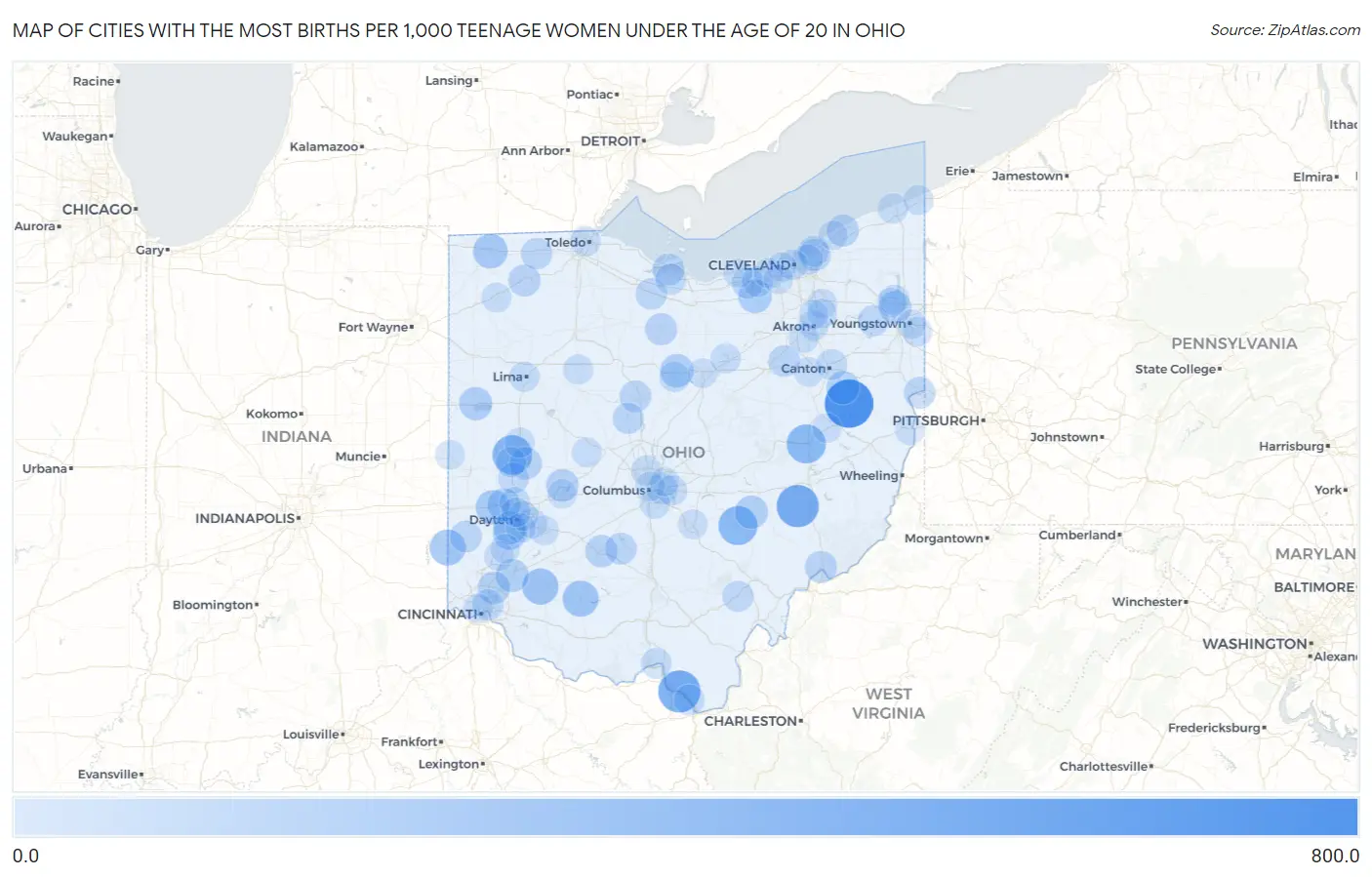 Cities with the Most Births per 1,000 Teenage Women Under the Age of 20 in Ohio Map
