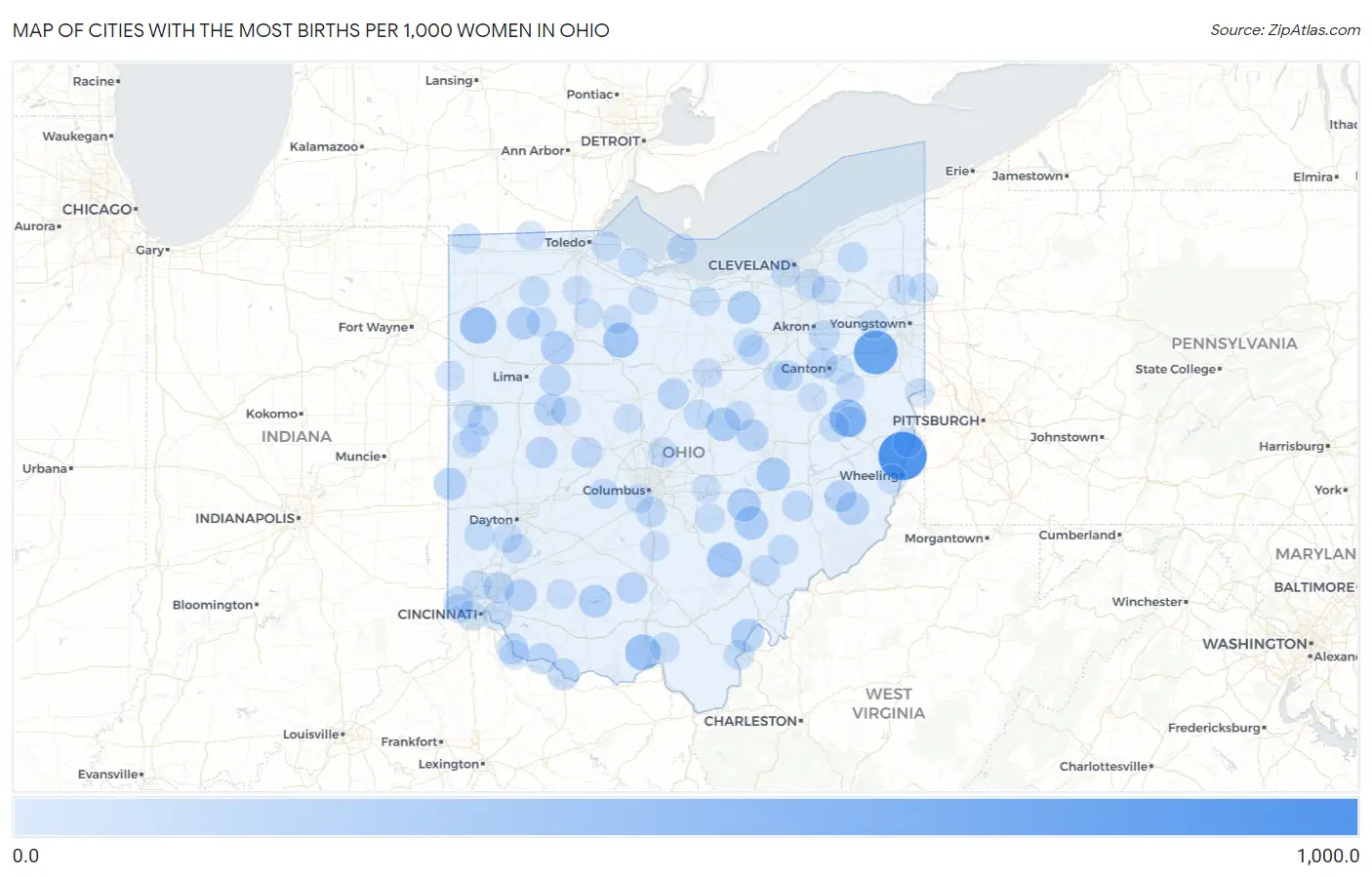 Cities with the Most Births per 1,000 Women in Ohio Map
