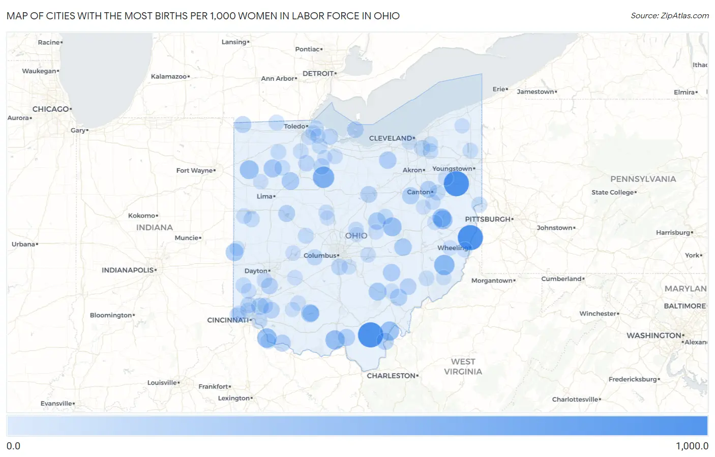 Cities with the Most Births per 1,000 Women in Labor Force in Ohio Map