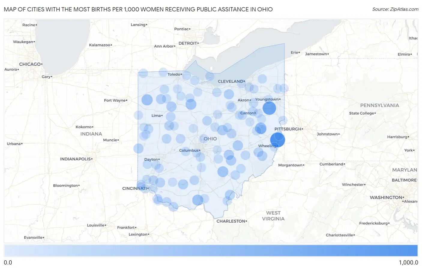 Cities with the Most Births per 1,000 Women Receiving Public Assitance in Ohio Map