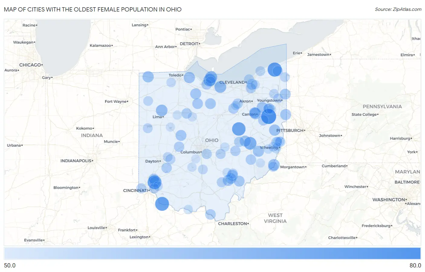 Cities with the Oldest Female Population in Ohio Map