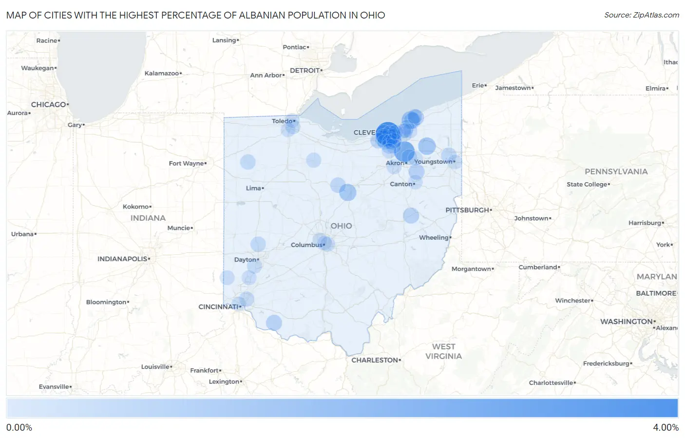 Cities with the Highest Percentage of Albanian Population in Ohio Map